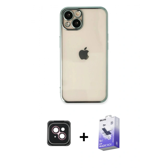MARSİLYAN™- iPhone 14 Kılıf Vadi Minimal - Siyah Bilvis 5in1 5D Magic Hayalet Cam Ekran Koruyucu + Pembe PVD Metal Kamera Lens
