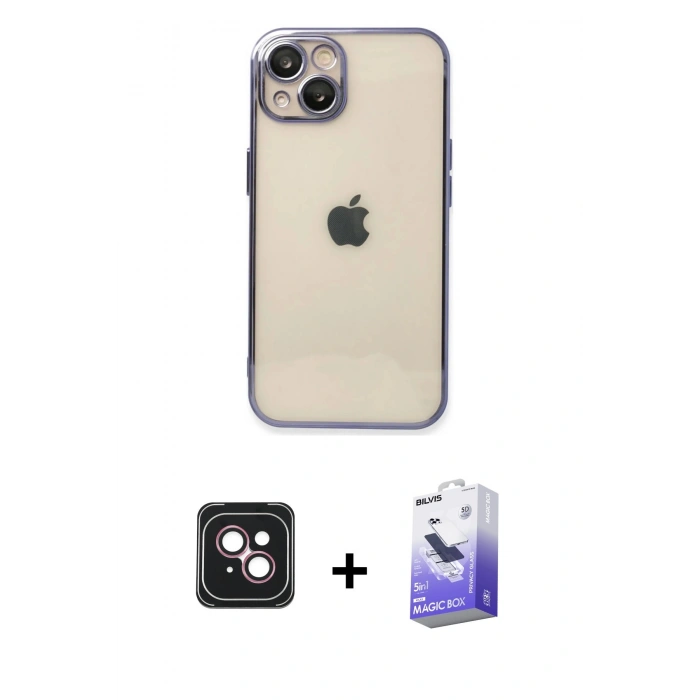 MARSİLYAN™- iPhone 14 Kılıf Vadi Minimal - Siyah Bilvis 5in1 5D Magic Hayalet Cam Ekran Koruyucu + Pembe PVD Metal Kamera Lens