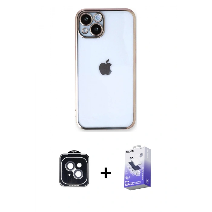 MARSİLYAN™- iPhone 14 Kılıf Vadi Minimal - Siyah Bilvis 5in1 5D Magic Hayalet Cam Ekran Koruyucu + PVD Metal Kamera Lens - SH