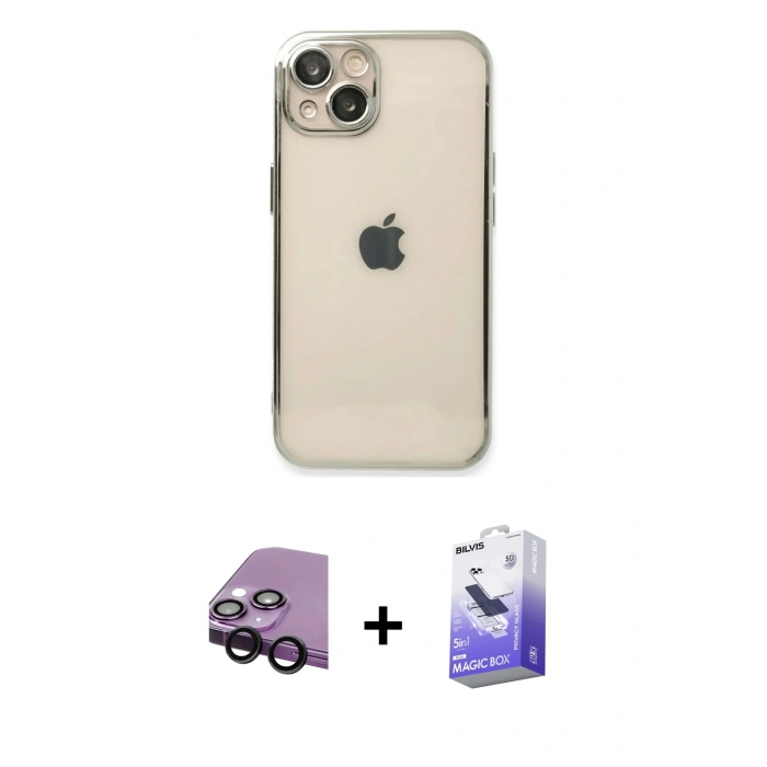 MARSİLYAN™- iPhone 14 Kılıf Vadi Minimal - Siyah Bilvis 5in1 5D Magic Hayalet Cam Ekran Koruyucu + Raze Metal Kamera Lens - SH