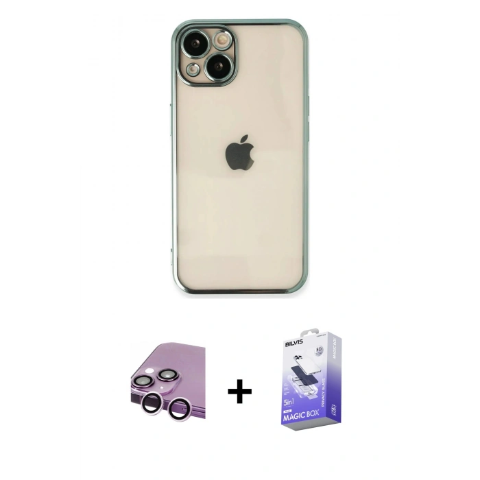 MARSİLYAN™- iPhone 14 Kılıf Vadi Minimal - Siyah Bilvis 5in1 5D Magic Hayalet Cam Ekran Koruyucu + Raze Metal Kamera Lens - MR