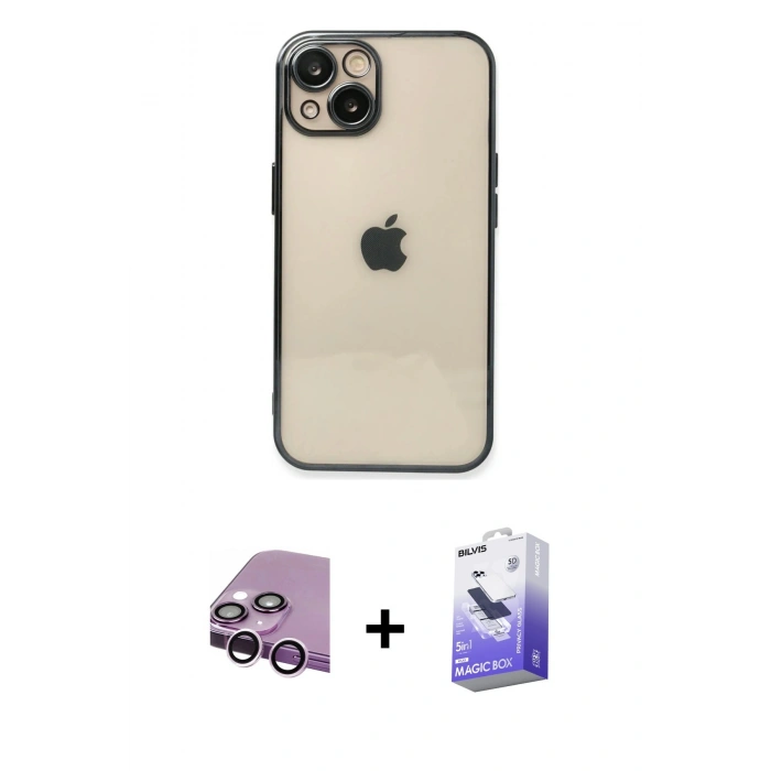 MARSİLYAN™- iPhone 14 Kılıf Vadi Minimal - Siyah Bilvis 5in1 5D Magic Hayalet Cam Ekran Koruyucu + Raze Metal Kamera Lens - MR