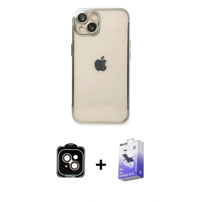 MARSİLYAN™- iPhone 14 Kılıf Vadi Minimal - Siyah Bilvis 5in1 5D Magic Hayalet Cam Ekran Koruyucu + PVD Metal Kamera Lens - TU