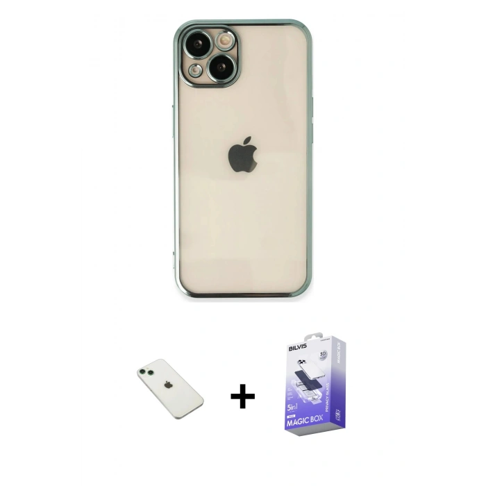 MARSİLYAN™- iPhone 14 Kılıf Vadi Minimal - Siyah Bilvis 5in1 5D Magic Hayalet Cam Ekran Koruyucu + Diamond Kamera Lens - YL