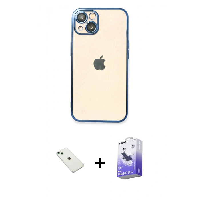 MARSİLYAN™- iPhone 14 Kılıf Vadi Minimal - Siyah Bilvis 5in1 5D Magic Hayalet Cam Ekran Koruyucu + Diamond Kamera Lens - YL