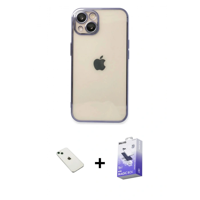MARSİLYAN™- iPhone 14 Kılıf Vadi Minimal - Siyah Bilvis 5in1 5D Magic Hayalet Cam Ekran Koruyucu + Diamond Kamera Lens - YL
