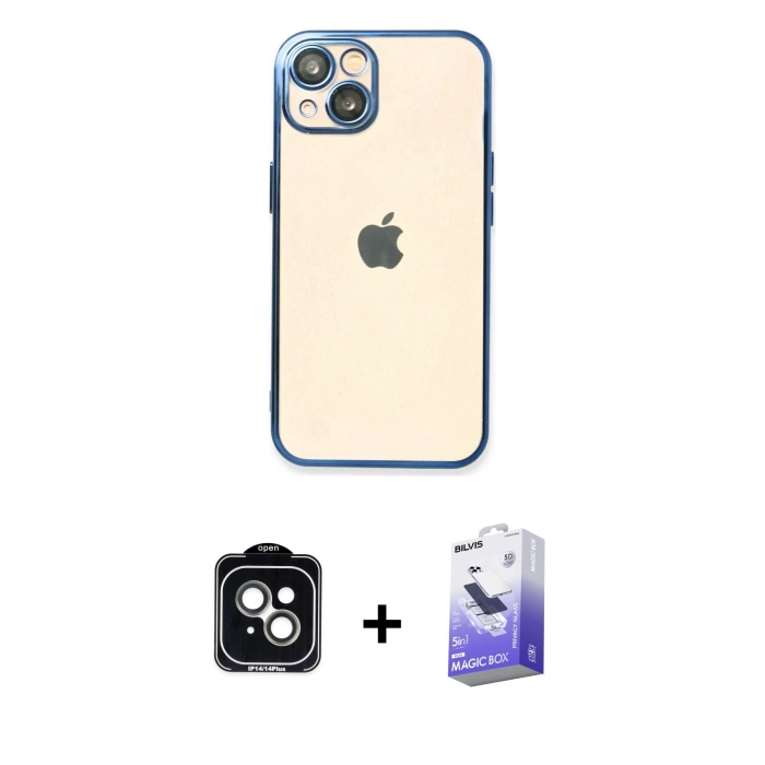 MARSİLYAN™- iPhone 14 Kılıf Vadi Minimal - Siyah Bilvis 5in1 5D Magic Hayalet Cam Ekran Koruyucu + PVD Metal Kamera Lens - YL
