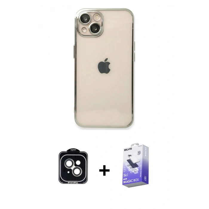 MARSİLYAN™- iPhone 14 Kılıf Vadi Minimal - Siyah Bilvis 5in1 5D Magic Hayalet Cam Ekran Koruyucu + PVD Metal Kamera Lens - YL