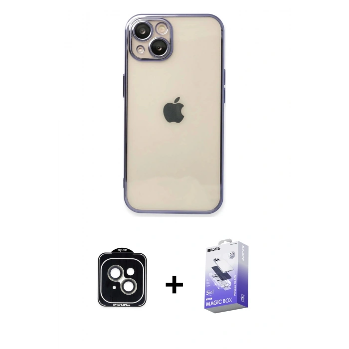 MARSİLYAN™- iPhone 14 Kılıf Vadi Minimal - Siyah Bilvis 5in1 5D Magic Hayalet Cam Ekran Koruyucu + PVD Metal Kamera Lens - YL