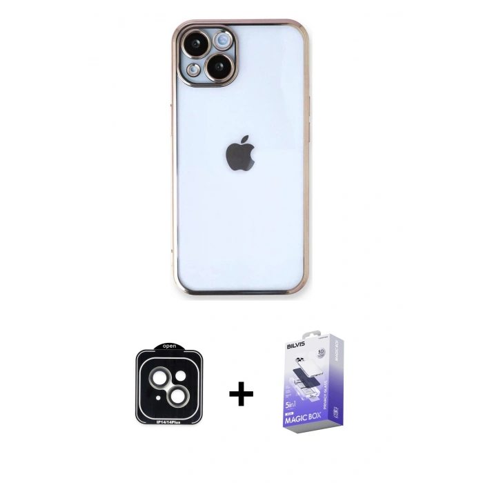 MARSİLYAN™- iPhone 14 Kılıf Vadi Minimal - Siyah Bilvis 5in1 5D Magic Hayalet Cam Ekran Koruyucu + PVD Metal Kamera Lens - YL