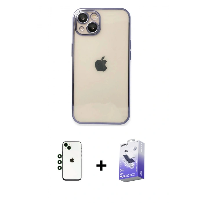 MARSİLYAN™- iPhone 14 Kılıf Vadi Minimal - Siyah Bilvis 5in1 5D Magic Hayalet Cam Ekran Koruyucu + Shine Kamera Lens - YL