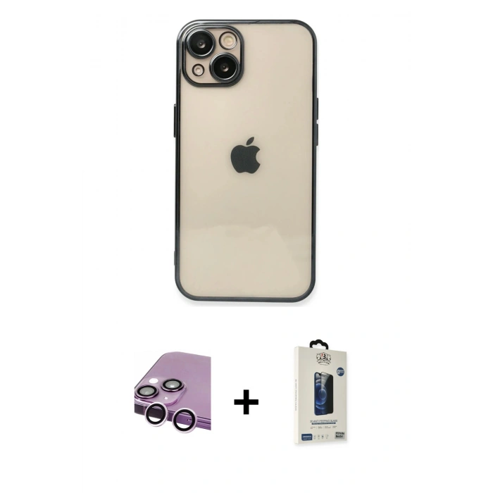 MARSİLYAN™- iPhone 14 Kılıf Vadi Minimal - Siyah Bilvis Hayalet Cam Ekran Koruyucu + Raze Metal Kamera Lens - MR