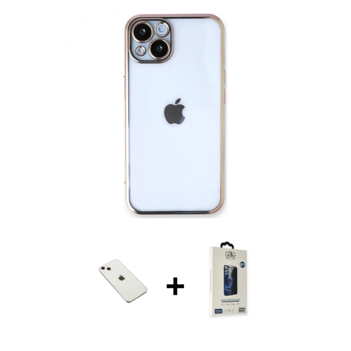 MARSİLYAN™- iPhone 14 Kılıf Vadi Minimal - Siyah Bilvis Hayalet Cam Ekran Koruyucu + Diamond Kamera Lens - PE