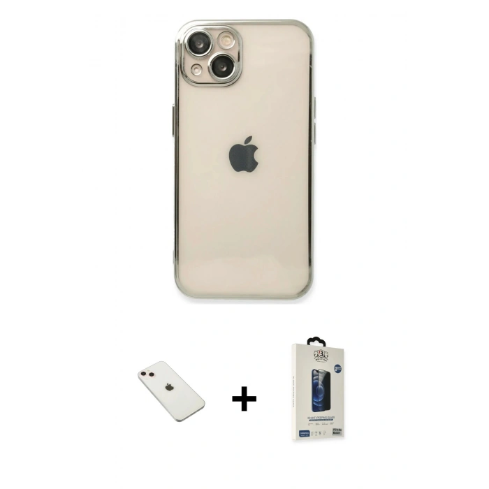 MARSİLYAN™- iPhone 14 Kılıf Vadi Minimal - Siyah Bilvis Hayalet Cam Ekran Koruyucu + Diamond Kamera Lens - PE