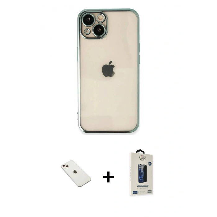 MARSİLYAN™- iPhone 14 Kılıf Vadi Minimal - Siyah Bilvis Hayalet Cam Ekran Koruyucu + Diamond Kamera Lens - PE