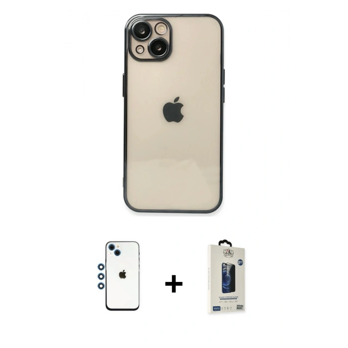 MARSİLYAN™- iPhone 14 Kılıf Vadi Minimal - Siyah Bilvis Hayalet Cam Ekran Koruyucu + Shine Kamera Lens - MI