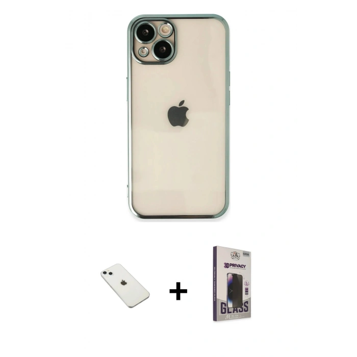 MARSİLYAN™- iPhone 14 Kılıf Vadi Minimal - Siyah Bilvis Hayalet Cam Ekran Koruyucu + Diamond Kamera Lens - SABE