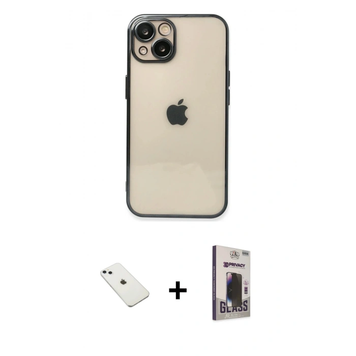 MARSİLYAN™- iPhone 14 Kılıf Vadi Minimal - Siyah Bilvis Hayalet Cam Ekran Koruyucu + Diamond Kamera Lens - SABE