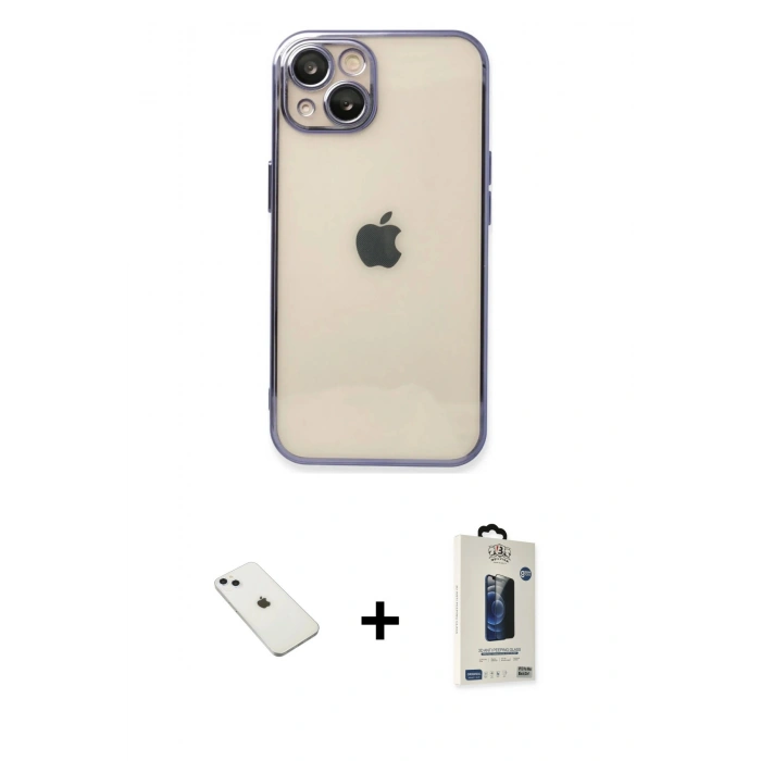 MARSİLYAN™- iPhone 14 Kılıf Vadi Minimal - Siyah Bilvis Hayalet Cam Ekran Koruyucu + Diamond Kamera Lens - SABE