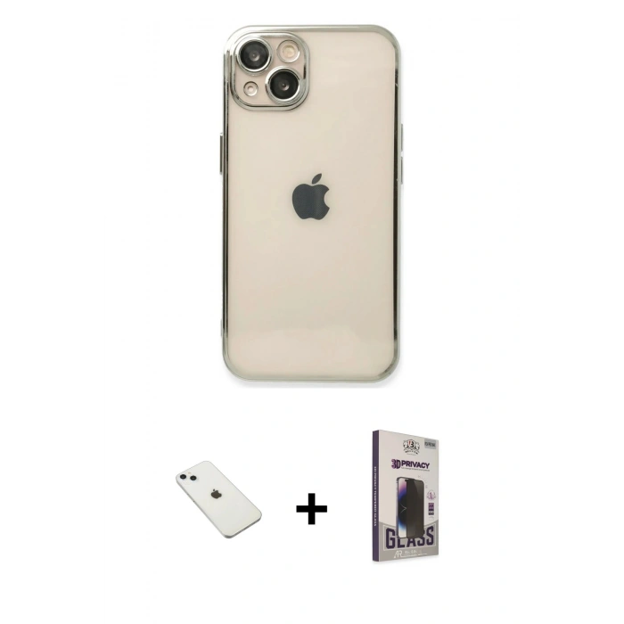 MARSİLYAN™- iPhone 14 Kılıf Vadi Minimal - Siyah Bilvis Hayalet Cam Ekran Koruyucu + Diamond Kamera Lens - SABE