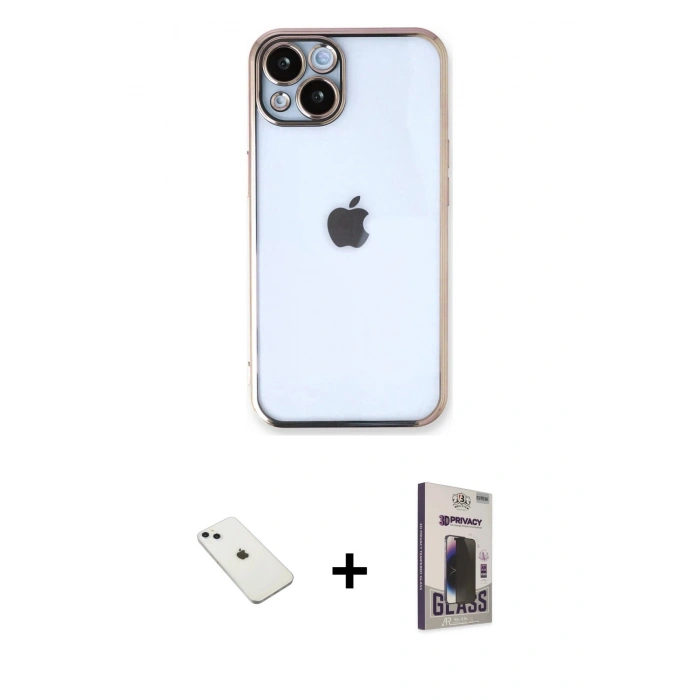 MARSİLYAN™- iPhone 14 Kılıf Vadi Minimal - Siyah Bilvis Hayalet Cam Ekran Koruyucu + Diamond Kamera Lens - SABE