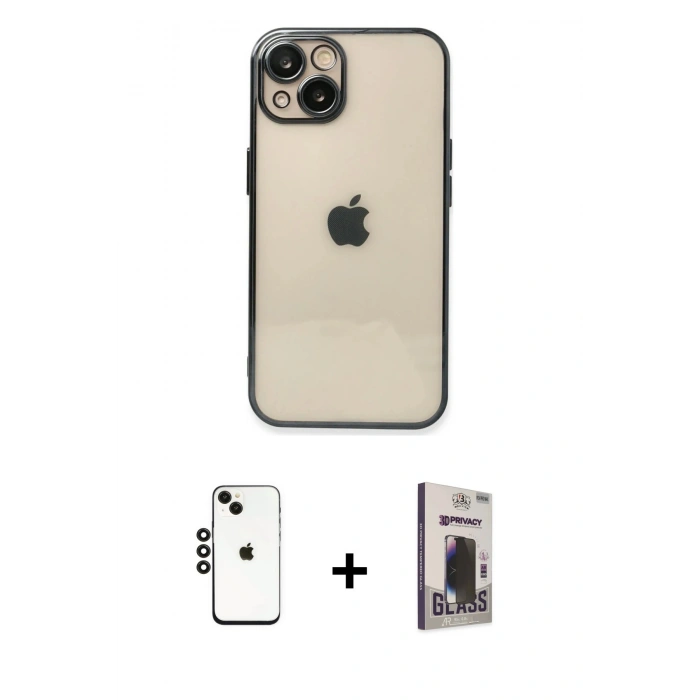 MARSİLYAN™- iPhone 14 Kılıf Vadi Minimal - Siyah Bilvis Hayalet Cam Ekran Koruyucu + Shine Kamera Lens - SH