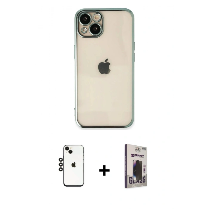 MARSİLYAN™- iPhone 14 Kılıf Vadi Minimal - Siyah Bilvis Hayalet Cam Ekran Koruyucu + Shine Kamera Lens - SH