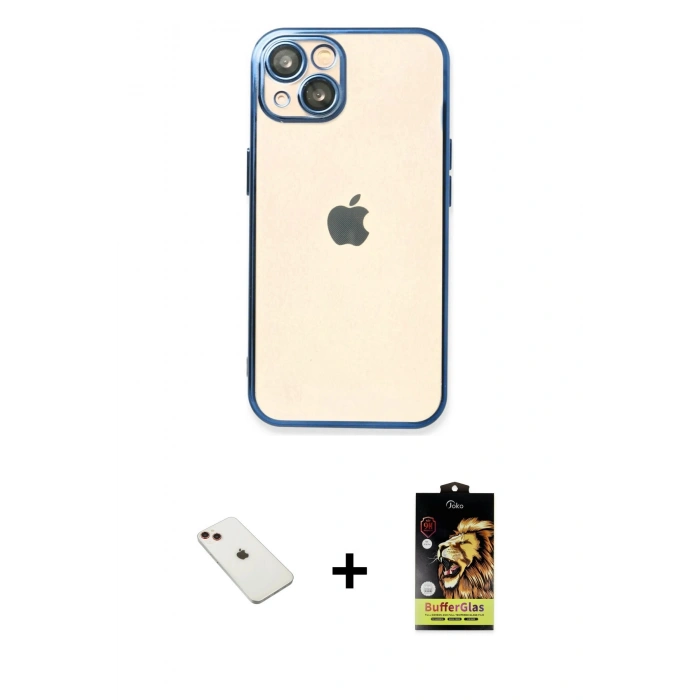 MARSİLYAN™- iPhone 14 Kılıf Vadi Minimal - Siyah Buffer Cam Ekran Koruyucu + Diamond Kamera Lens - KI
