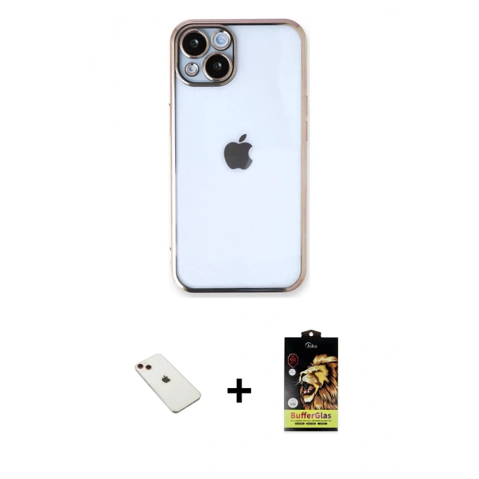 MARSİLYAN™- iPhone 14 Kılıf Vadi Minimal - Siyah Buffer Cam Ekran Koruyucu + Diamond Kamera Lens - KI