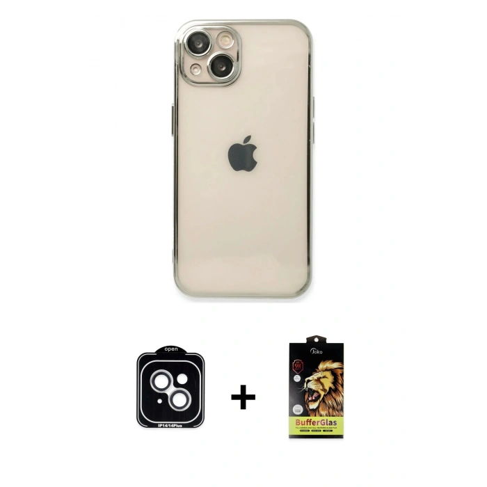 MARSİLYAN™- iPhone 14 Kılıf Vadi Minimal - Siyah Buffer Cam Ekran Koruyucu + PVD Metal Kamera Lens - GS