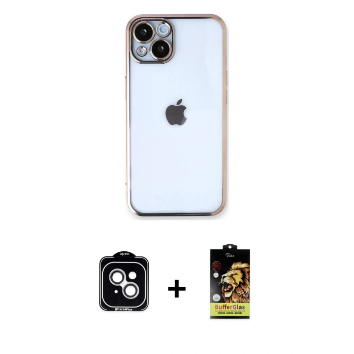 MARSİLYAN™- iPhone 14 Kılıf Vadi Minimal - Siyah Buffer Cam Ekran Koruyucu + PVD Metal Kamera Lens - GS