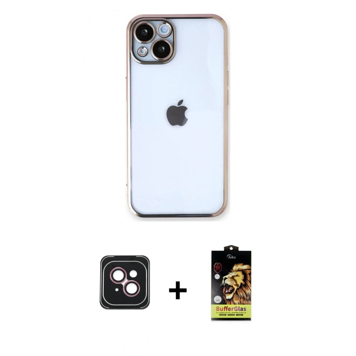 MARSİLYAN™- iPhone 14 Kılıf Vadi Minimal - Siyah Buffer Cam Ekran Koruyucu + PVD Metal Kamera Lens - PE