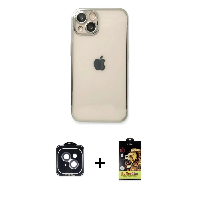 MARSİLYAN™- iPhone 14 Kılıf Vadi Minimal - Siyah Buffer Cam Ekran Koruyucu + PVD Metal Kamera Lens - SH