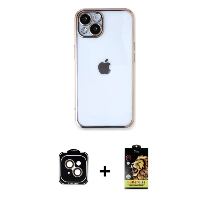 MARSİLYAN™- iPhone 14 Kılıf Vadi Minimal - Siyah Buffer Cam Ekran Koruyucu + PVD Metal Kamera Lens - TU
