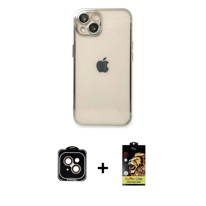 MARSİLYAN™- iPhone 14 Kılıf Vadi Minimal - Siyah Buffer Cam Ekran Koruyucu + PVD Metal Kamera Lens - TU