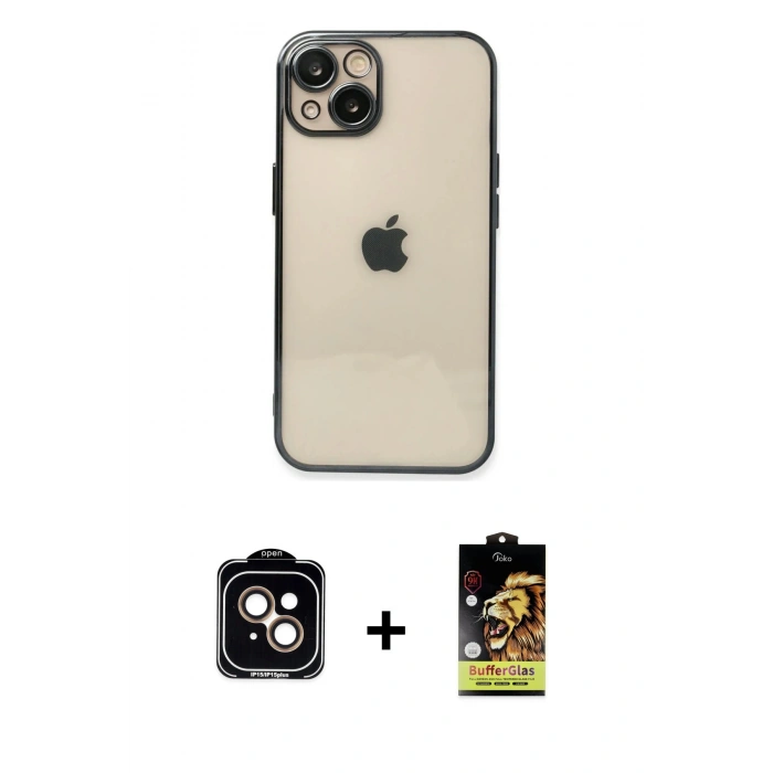 MARSİLYAN™- iPhone 14 Kılıf Vadi Minimal - Siyah Buffer Cam Ekran Koruyucu + PVD Metal Kamera Lens - TU