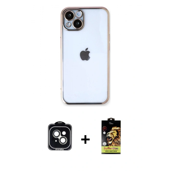 MARSİLYAN™- iPhone 14 Kılıf Vadi Minimal - Siyah Buffer Cam Ekran Koruyucu + PVD Metal Kamera Lens - YL