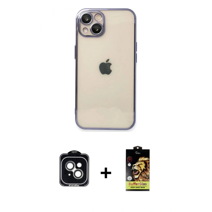 MARSİLYAN™- iPhone 14 Kılıf Vadi Minimal - Siyah Buffer Cam Ekran Koruyucu + PVD Metal Kamera Lens - YL
