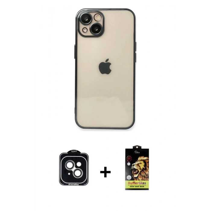 MARSİLYAN™- iPhone 14 Kılıf Vadi Minimal - Siyah Buffer Cam Ekran Koruyucu + PVD Metal Kamera Lens - YL