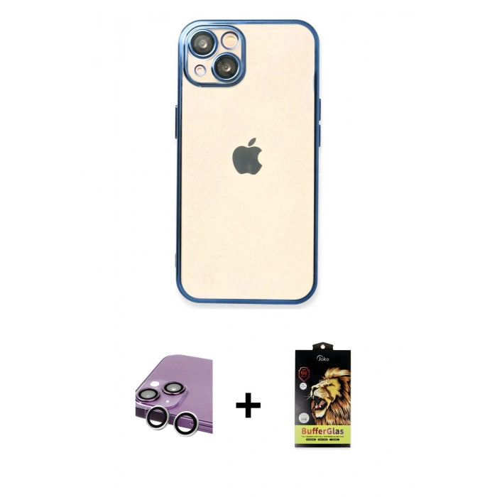 MARSİLYAN™- iPhone 14 Kılıf Vadi Minimal - Siyah Buffer Cam Ekran Koruyucu + Raze Metal Kamera Lens - GS