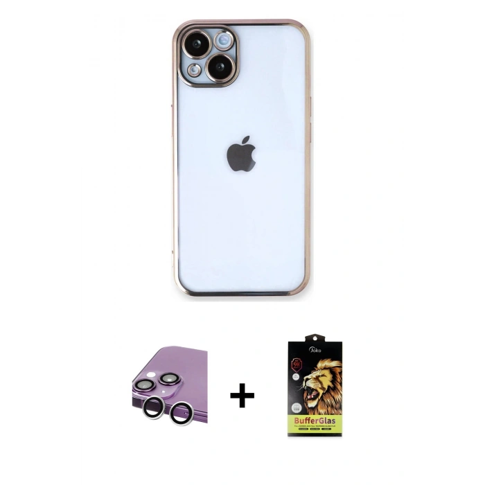 MARSİLYAN™- iPhone 14 Kılıf Vadi Minimal - Siyah Buffer Cam Ekran Koruyucu + Raze Metal Kamera Lens - GS