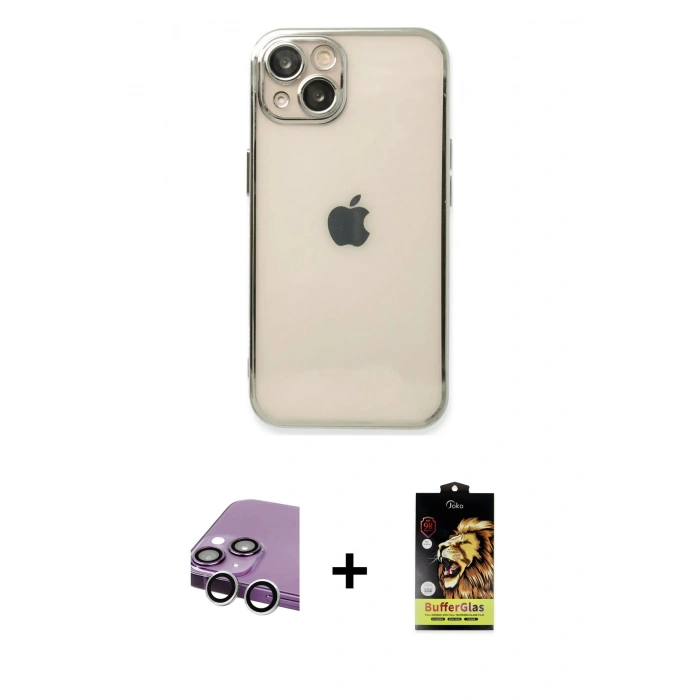 MARSİLYAN™- iPhone 14 Kılıf Vadi Minimal - Siyah Buffer Cam Ekran Koruyucu + Raze Metal Kamera Lens - GS