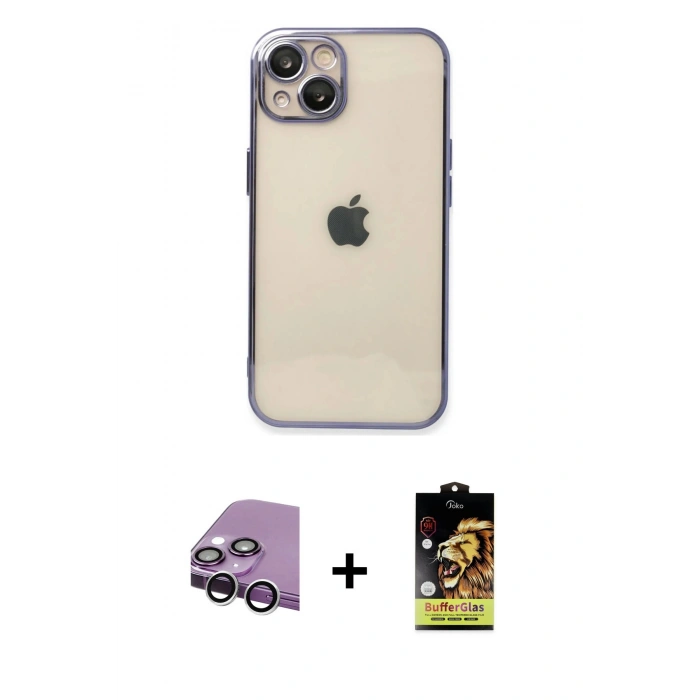 MARSİLYAN™- iPhone 14 Kılıf Vadi Minimal - Siyah Buffer Cam Ekran Koruyucu + Raze Metal Kamera Lens - GS