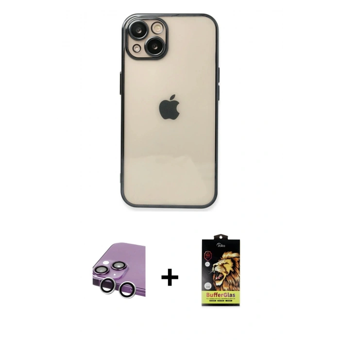 MARSİLYAN™- iPhone 14 Kılıf Vadi Minimal - Siyah Buffer Cam Ekran Koruyucu + Raze Metal Kamera Lens - GS
