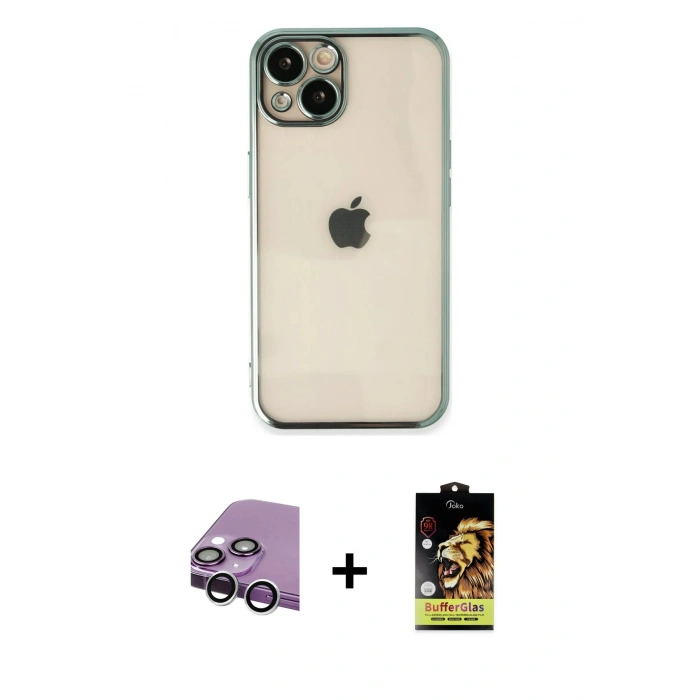 MARSİLYAN™- iPhone 14 Kılıf Vadi Minimal - Siyah Buffer Cam Ekran Koruyucu + Raze Metal Kamera Lens - GS