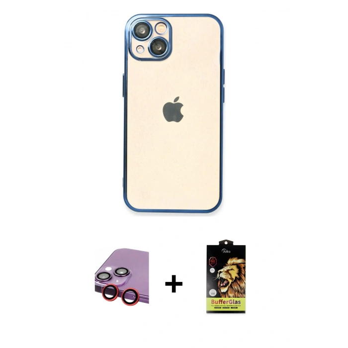 MARSİLYAN™- iPhone 14 Kılıf Vadi Minimal - Siyah Buffer Cam Ekran Koruyucu + Raze Metal Kamera Lens - KI