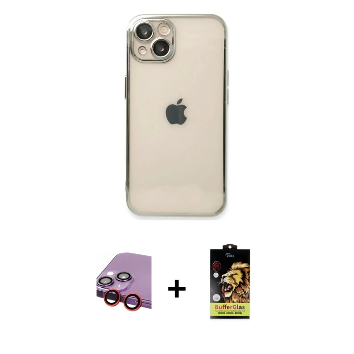 MARSİLYAN™- iPhone 14 Kılıf Vadi Minimal - Siyah Buffer Cam Ekran Koruyucu + Raze Metal Kamera Lens - KI