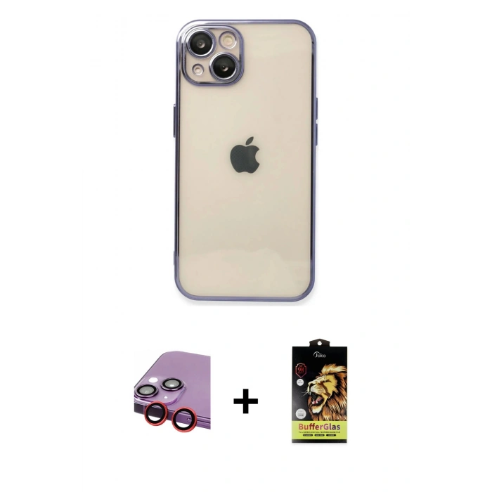 MARSİLYAN™- iPhone 14 Kılıf Vadi Minimal - Siyah Buffer Cam Ekran Koruyucu + Raze Metal Kamera Lens - KI