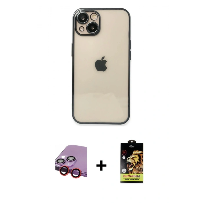 MARSİLYAN™- iPhone 14 Kılıf Vadi Minimal - Siyah Buffer Cam Ekran Koruyucu + Raze Metal Kamera Lens - KI