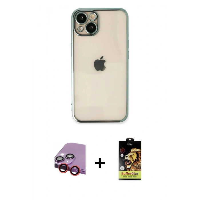MARSİLYAN™- iPhone 14 Kılıf Vadi Minimal - Siyah Buffer Cam Ekran Koruyucu + Raze Metal Kamera Lens - KI